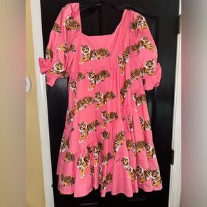 QUEEN OF SPARKLES Pink Tiger Print Puff Sleeve Dress